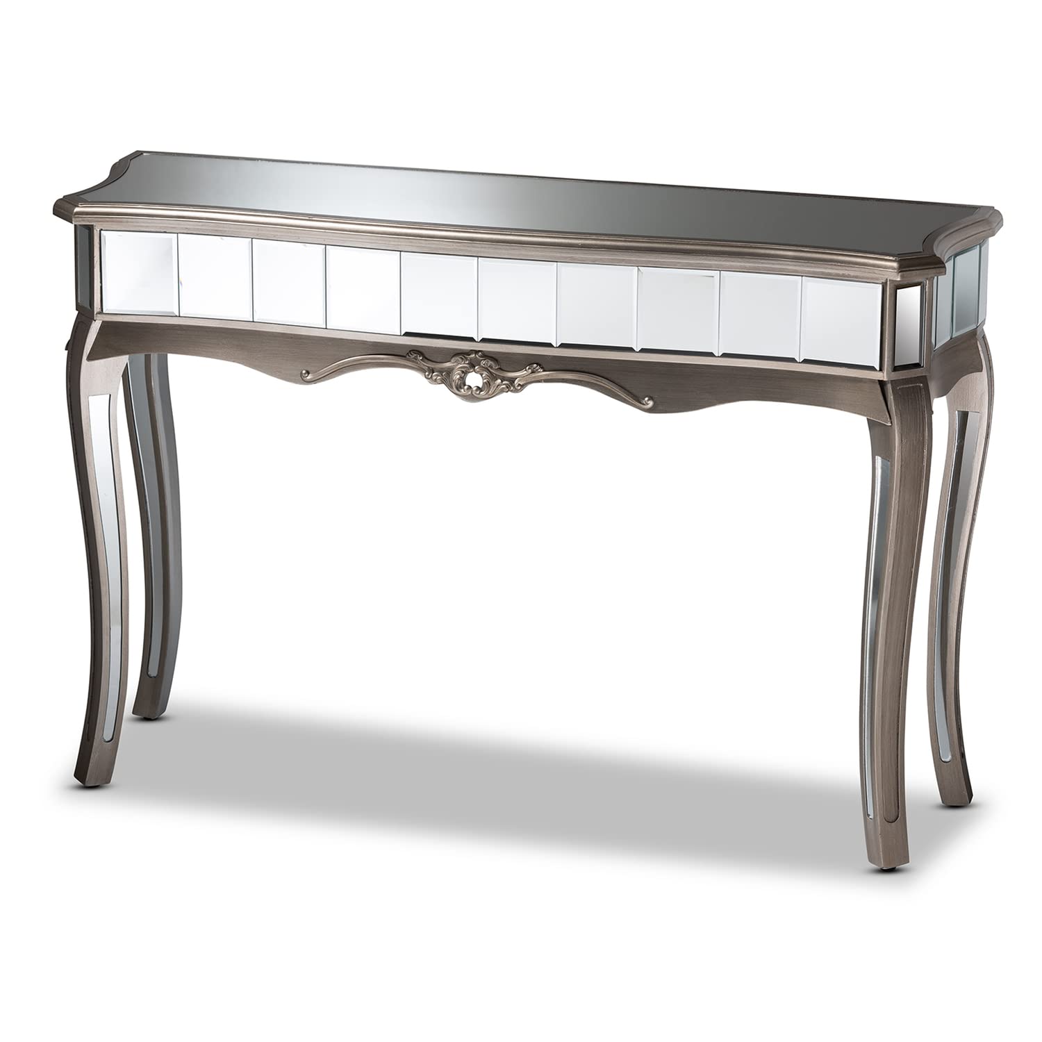 Baxton Studio Elgin Contemporary Glam and Luxe Brushed Silver Finished Wood and Mirrored Glass Console Table, Silver/Mirror (11920)