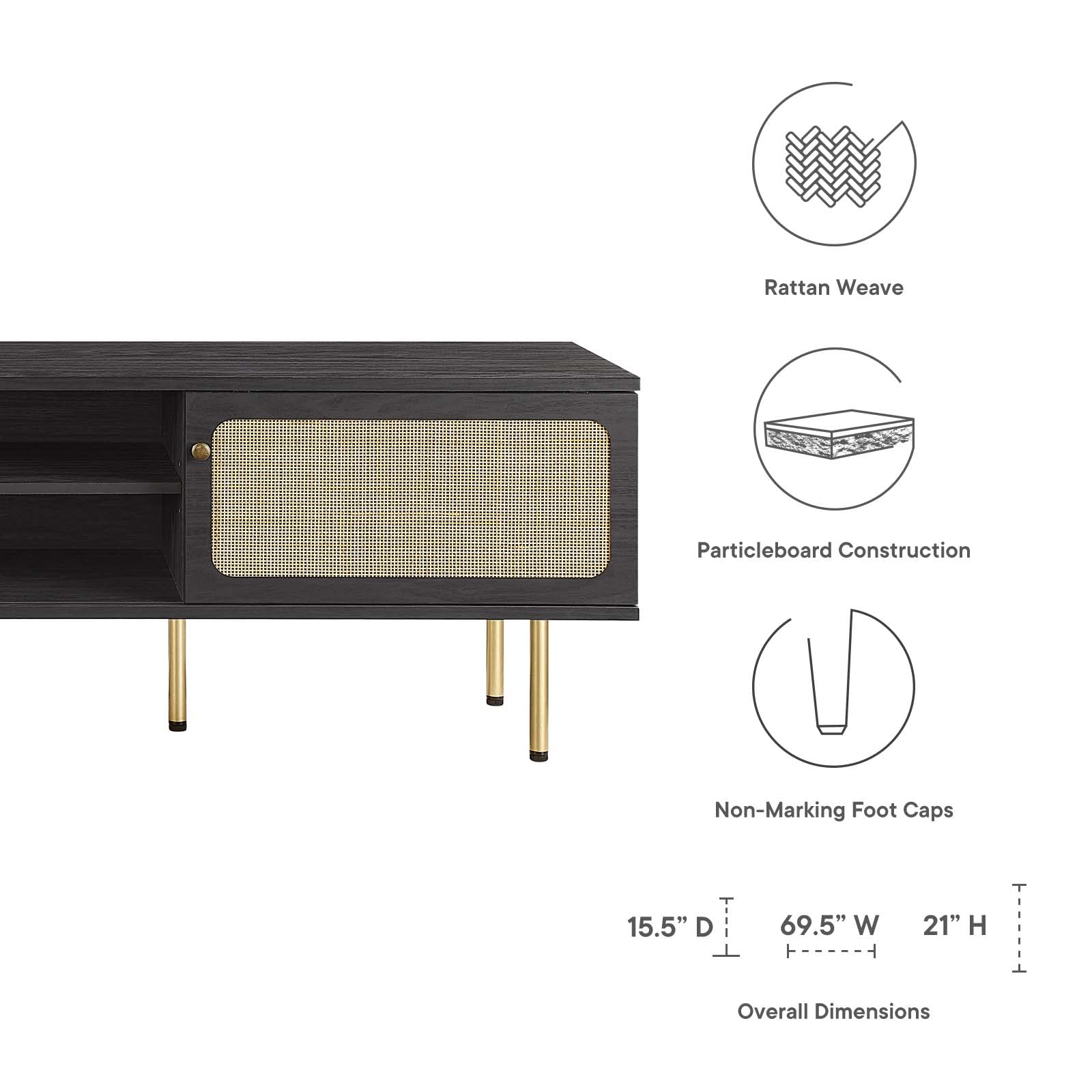 Modway Cambria Rattan and Particleboard TV Stand for TVs up to 70" in Black