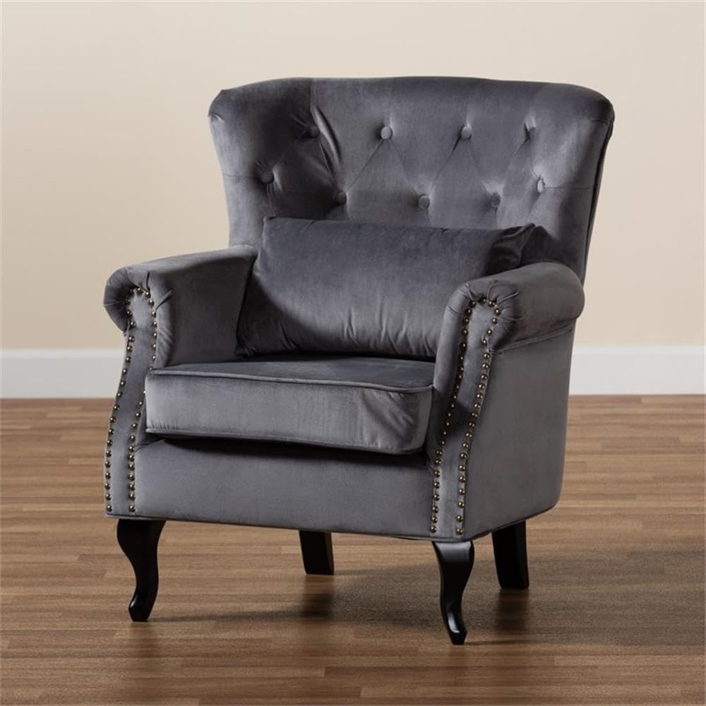 Baxton Studio Fletcher Classic and Traditional Grey Velvet Fabric Upholstered and Dark Brown Finished Wood Armchair