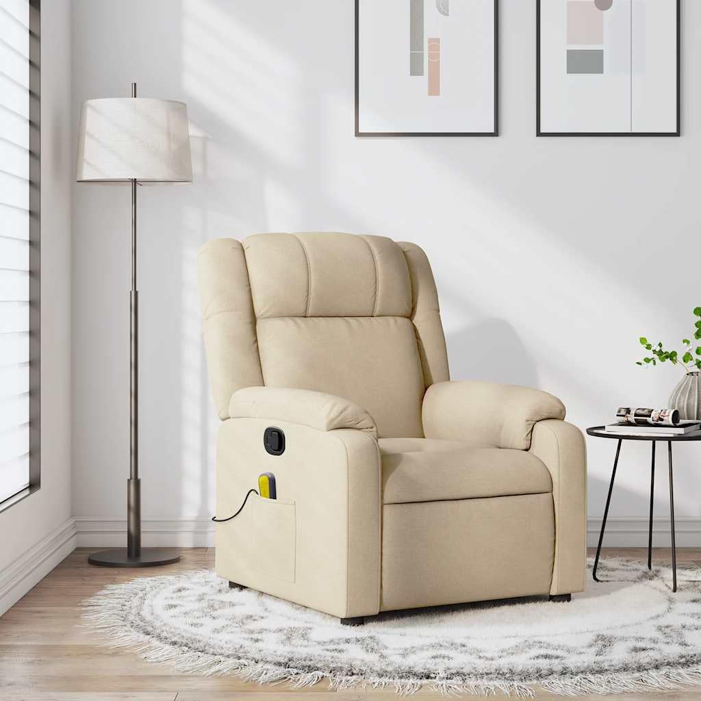 vidaXL Massage Recliner Chair for Living Room, Adjustable Recliner with 6-Point Vibration Massage, Home Theater Seating with Padded Seat Backrest & Side Pocket, Cream Fabric