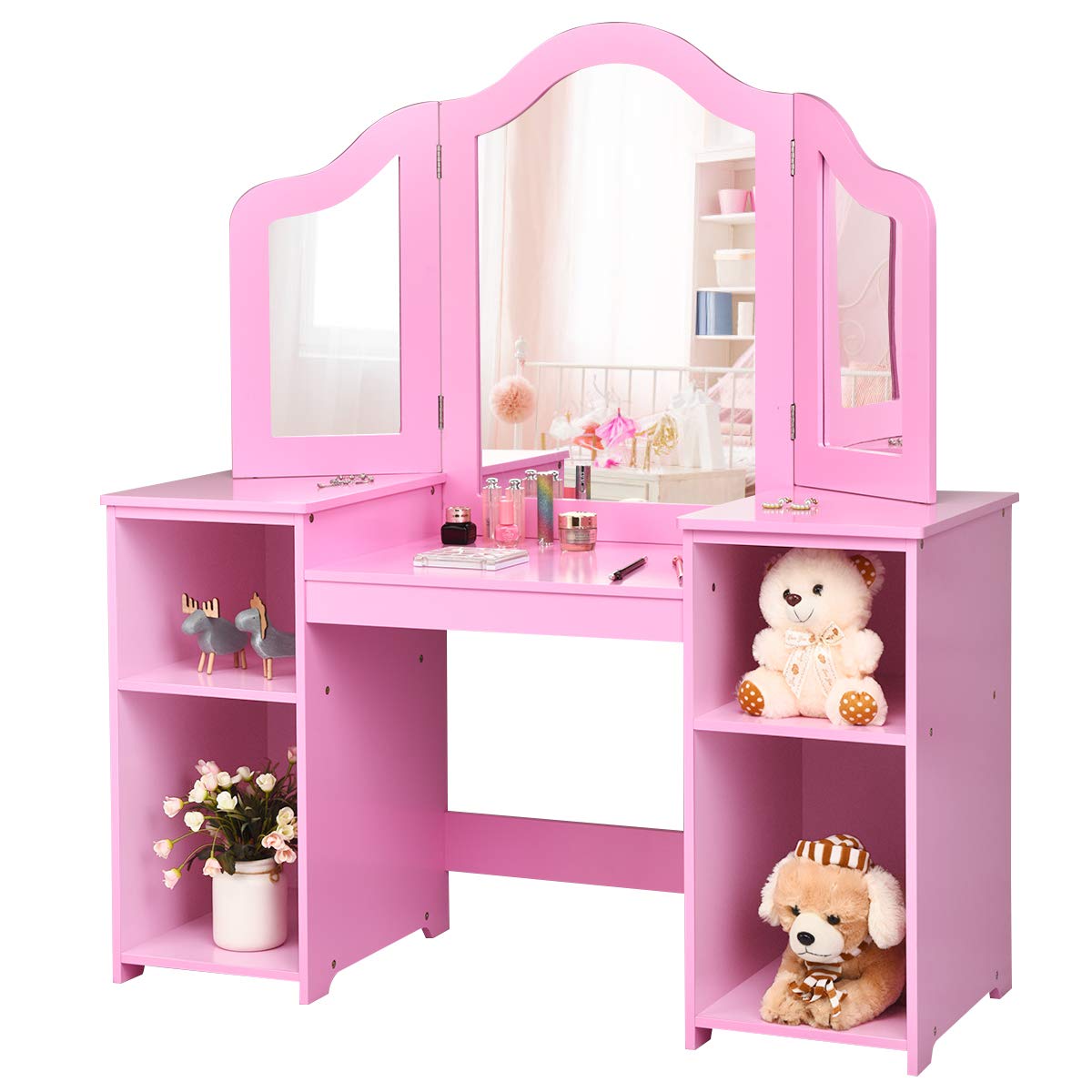 Costzon Kids Vanity, 2 in 1 Princess Makeup Desk Dressing Table with Detachable Top, Toddler Vanity with Tri-fold Mirror & Stora