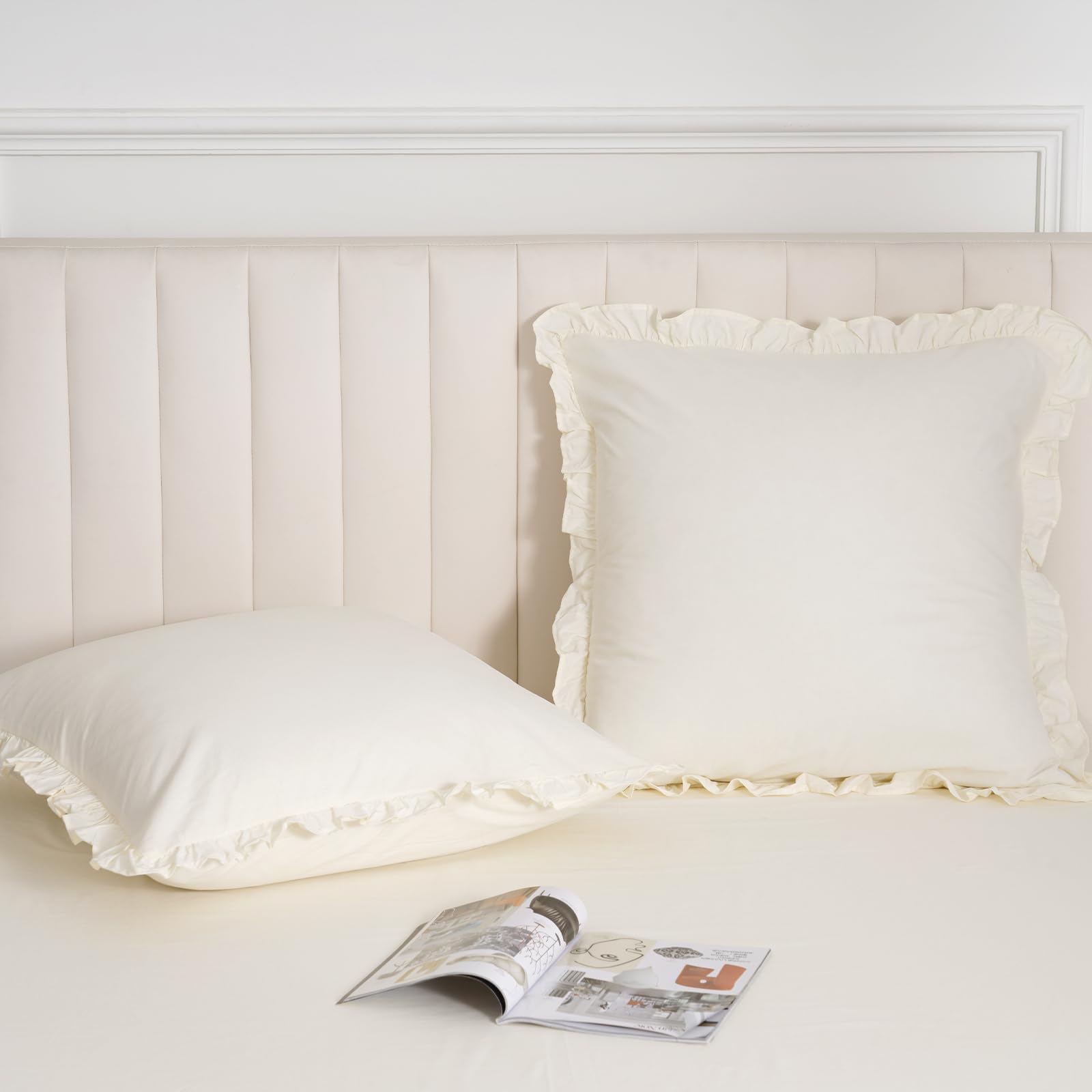 100% Washed Cotton Euro Shams with Ruffle, 2 Pack 26'' x 26'' Cotton Euro Sham Pillow Covers, No Insert, Ultra Soft Decorative F