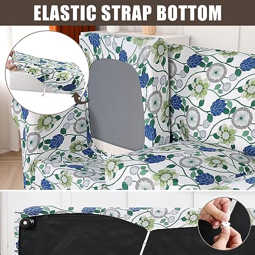 Searchi Stretch Sofa Cover Printed Couch Cover, Floral Pattern 4 Pieces Sofa Slipcover With 3 Separate Cushion Cover, Washable Furniture Protector For Living Room(Sofa, Green Flowers)