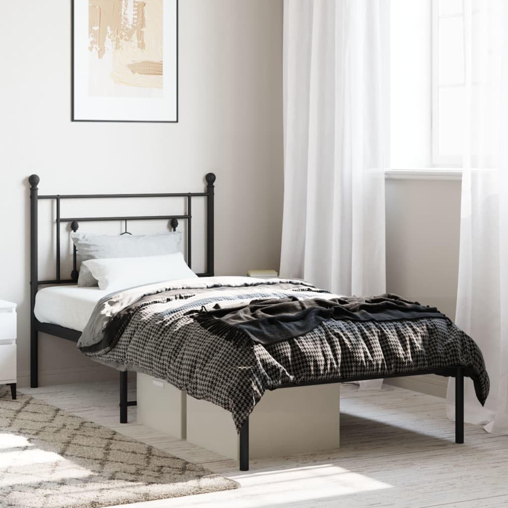 vidaXL Black Metal Bed Frame with Headboard - Sturdy Mattress Foundation for Standard Sized Mattresses, Ample Storage Space Underneath, Fits into Modern Room Decor