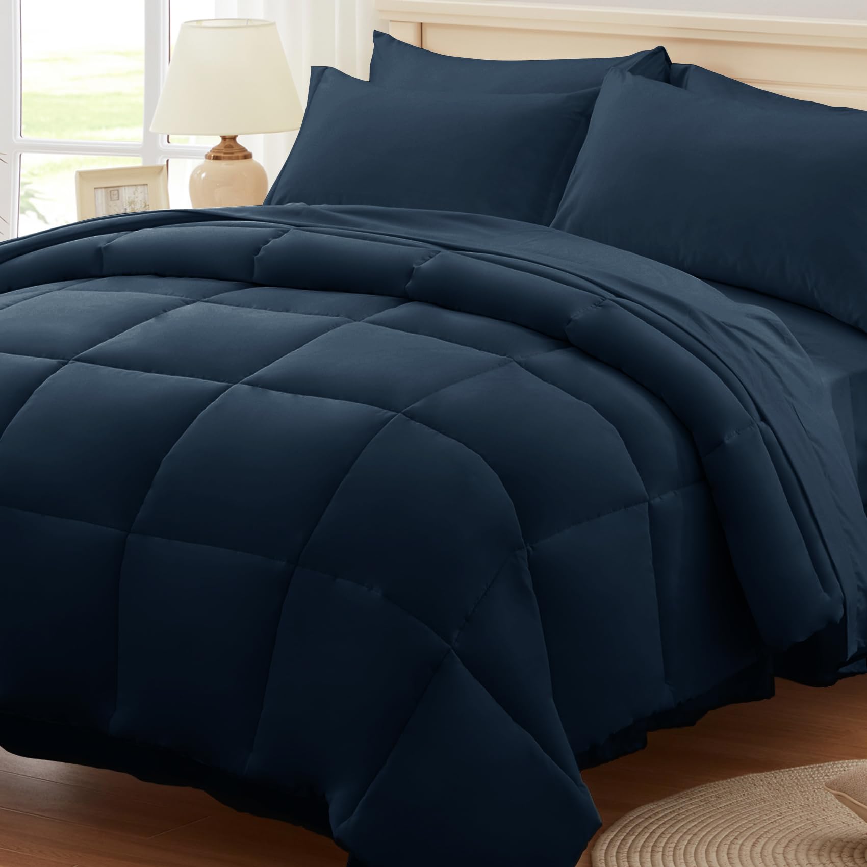 Anluoer King Size Bed In A Bag 7 Pieces, Navy Blue Bed Comforter Set With Comforter And Sheets, All Season Bedding Sets With 1 C