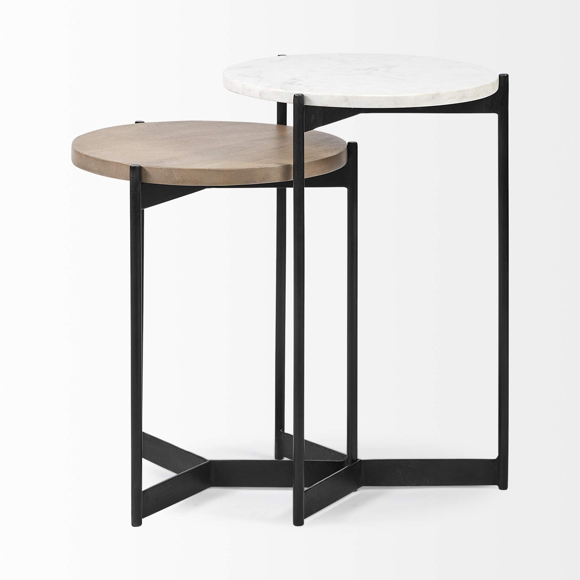 HomeRoots Black Metal Set of 2 Medium Brown Wood Round Top Side Tables with Marble Nesting