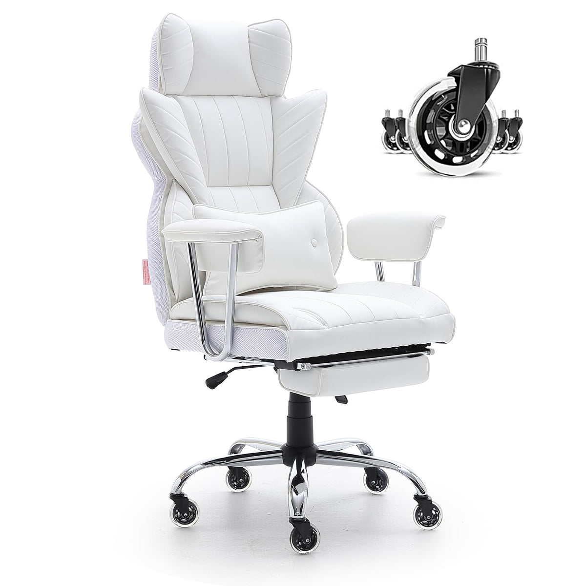 VEVOR Reclining Office Chair with Footrest, Heavy Duty PU Leather Wide Office Chair, Big and Tall Executive Office Chairs with Lumbar Support, Strong Metal Base Quiet Wheels, White