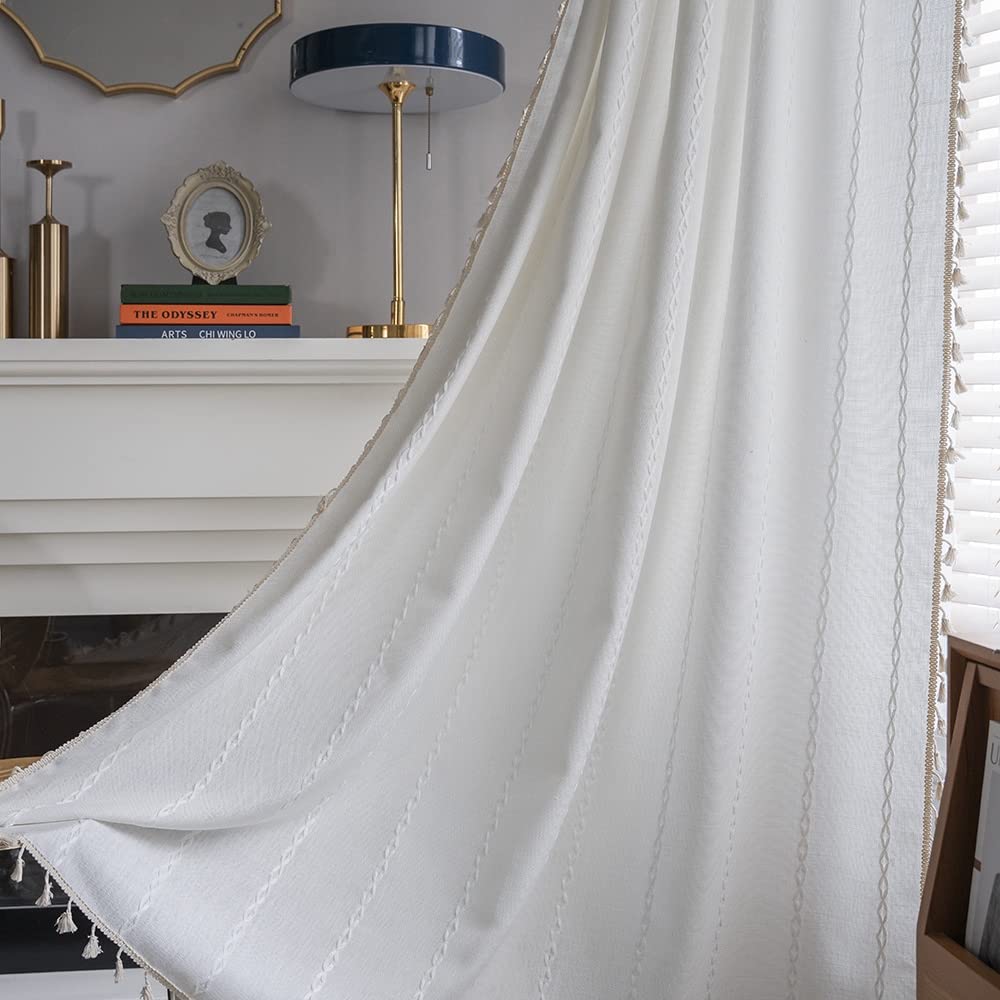 Colorbird Boho Curtains For Bedroom, White Curtains 84 Inches Long, 2 Panels Embroidered Darkening Window Treatment For Dining O
