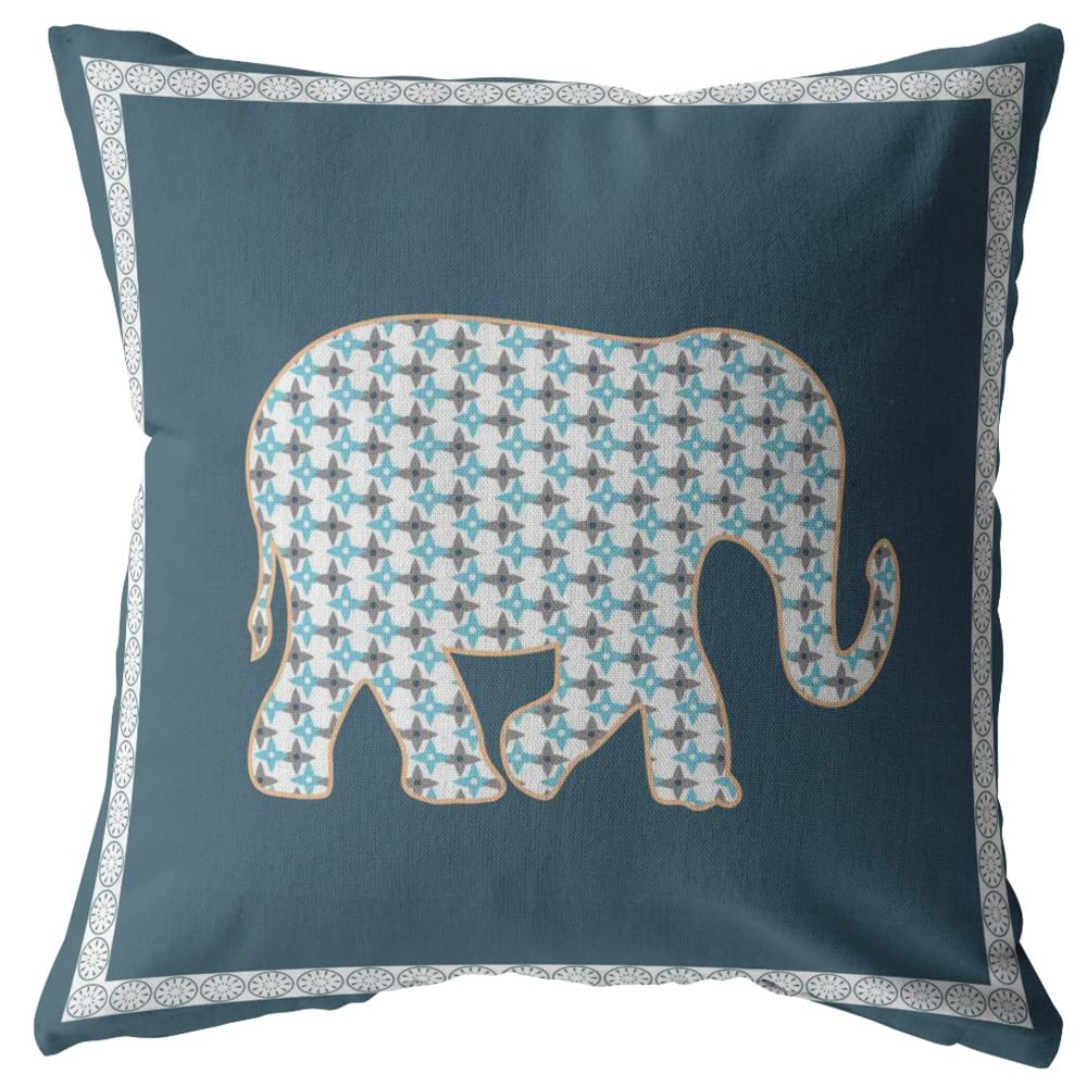 HomeRoots White On Muted Blue Broadcloth 20â€ Spruce Blue Elephant Indoor Outdoor Throw Pillow