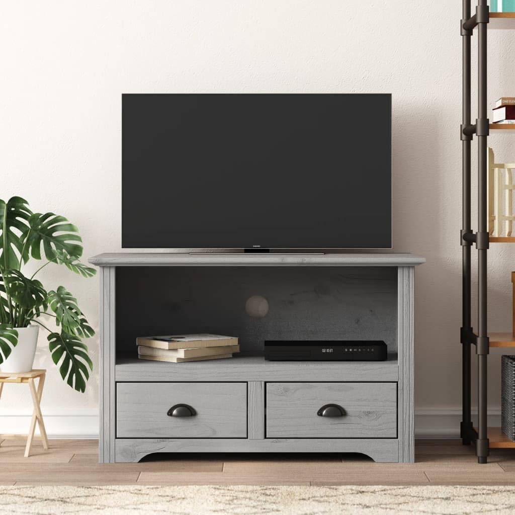 Vidaxl Solid Pinewood Tv Cabinet Bodo In Gray - Media Unit Stand With Two Drawers And Open Shelf - French Style Décor For Living Room/Bedroom - Ample Storage – 36&quot;X17.5&quot;X22&quot;