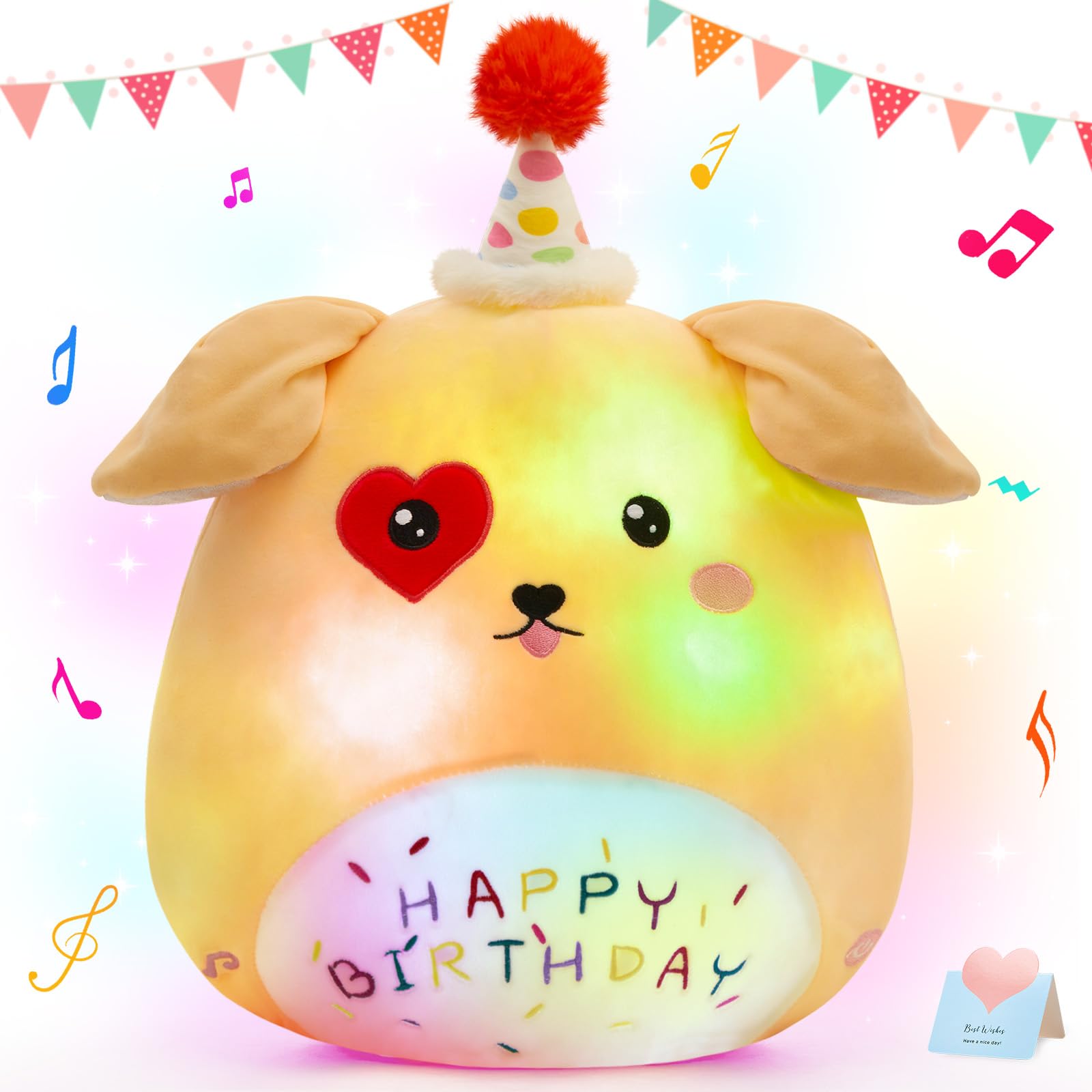 BSTAOFY Light up Music Happy Birthday Puppy Dog Soft Plush Pillow Birthday Stuffed Animal Dog Birthday Gift for Toddler Kids Gir