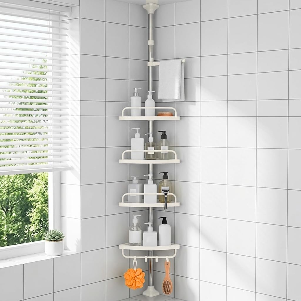 Hasthip Telescopic Tension Rod Corner Organizer Stand, 100260Cm Adjustable Bathroom Organiser, Vertical Standing Storage Shelf 