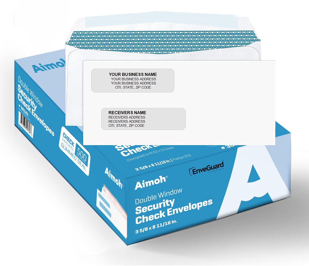 Aimoh 500#8 Double Window Gummed Security Envelopes - For Business Checks, Quickbooks & Quicken Checks, Size 3 5/8 X 8 11/16 Inc
