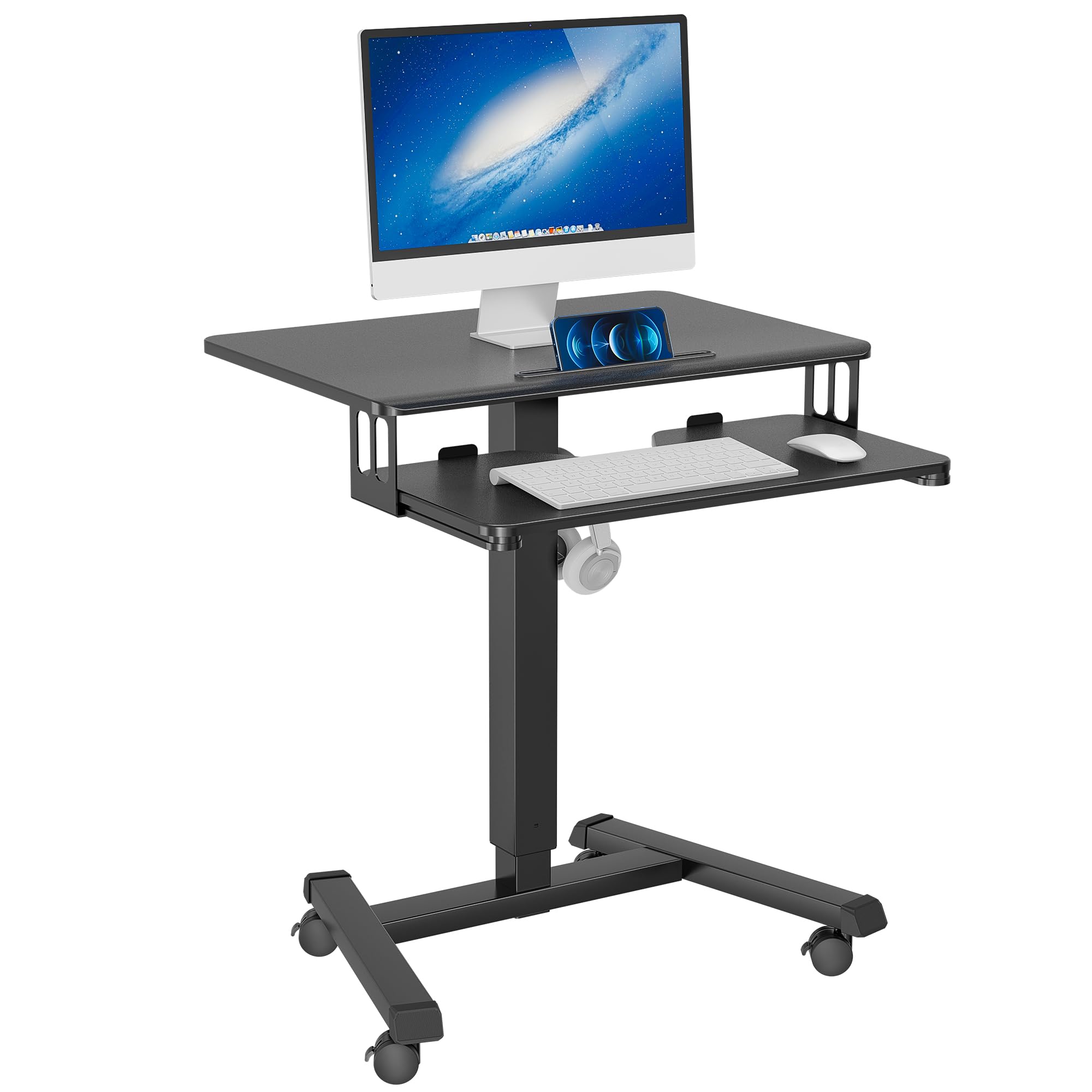 Bontec Mobile Standing Desk With Keyboard Tray, Mobile Podium, Computer Workstation Up To 33Lbs, Laptop Sit Or Stand Desk On Wheels, Height Adjustable Stand Up Table For Living Room, Bedroom, Office