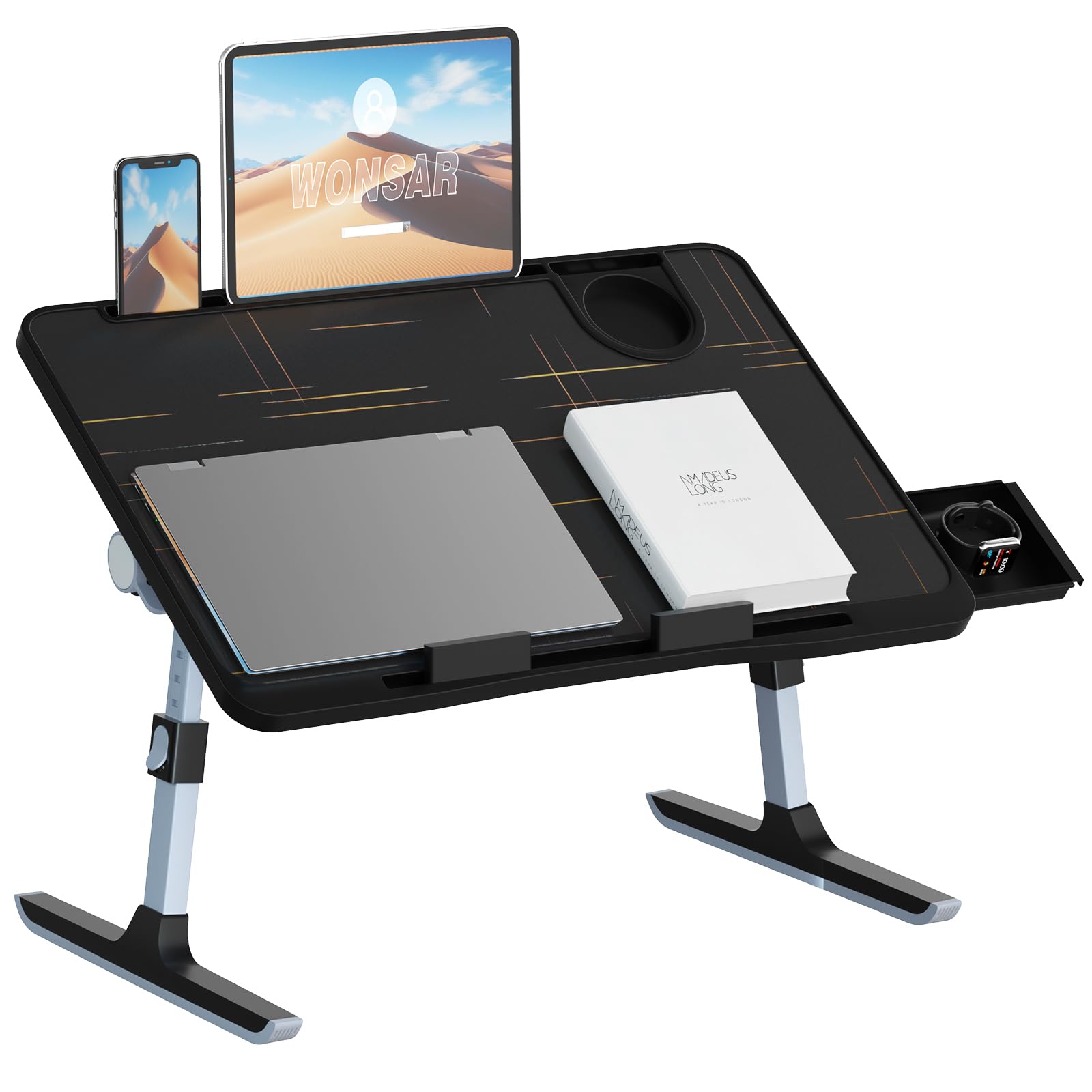 Lap Desk For Bed, Folding Laptop Stand For Bed Table, Adjustable Portable Laptop Bed Tray Desk With Storage Drawer Bookstand Cup