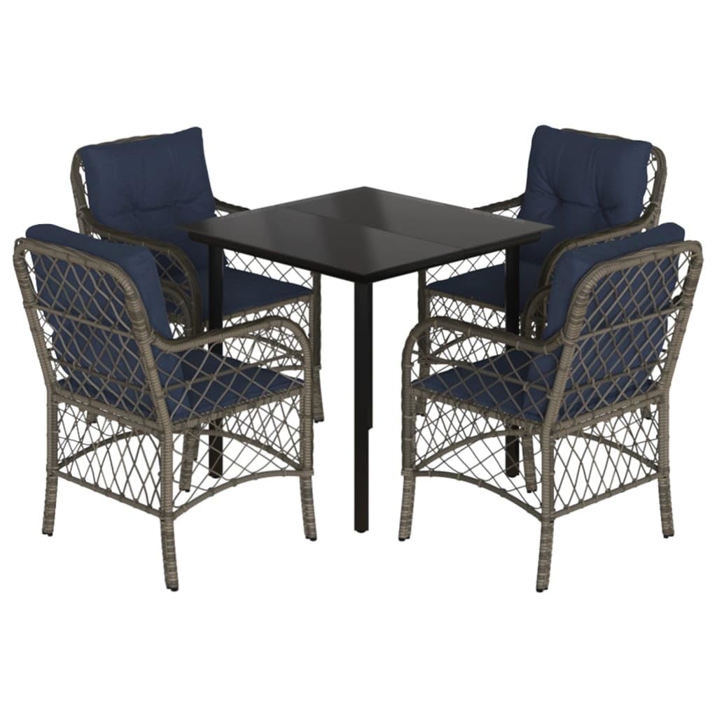 vidaXL 5-Piece Patio Dining Set - Poly Rattan, Powder-Coated Steel, Cushioned Chairs, Tempered Glass Table, Gray/Navy