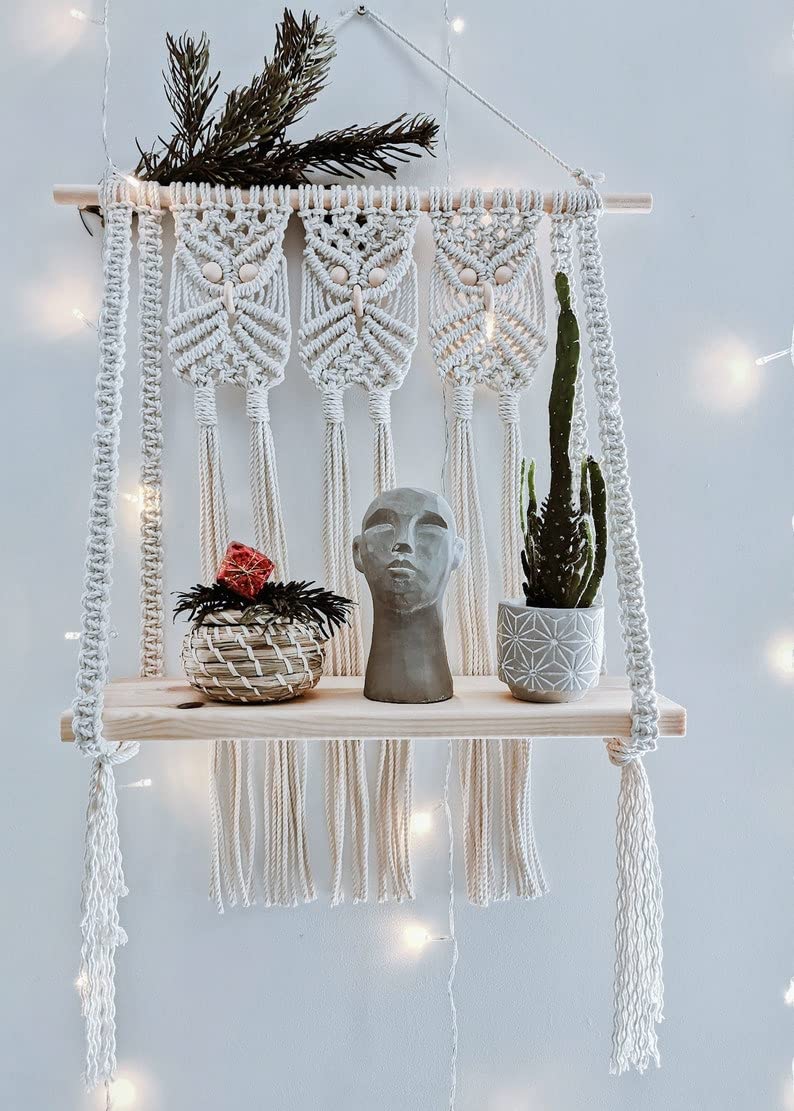 Aain Modern Boho DCor For The Living Room, Bathroom, Office, And Balcony Macrame Wall Hanging Shelf Cotton Rope Natural Pine Woo