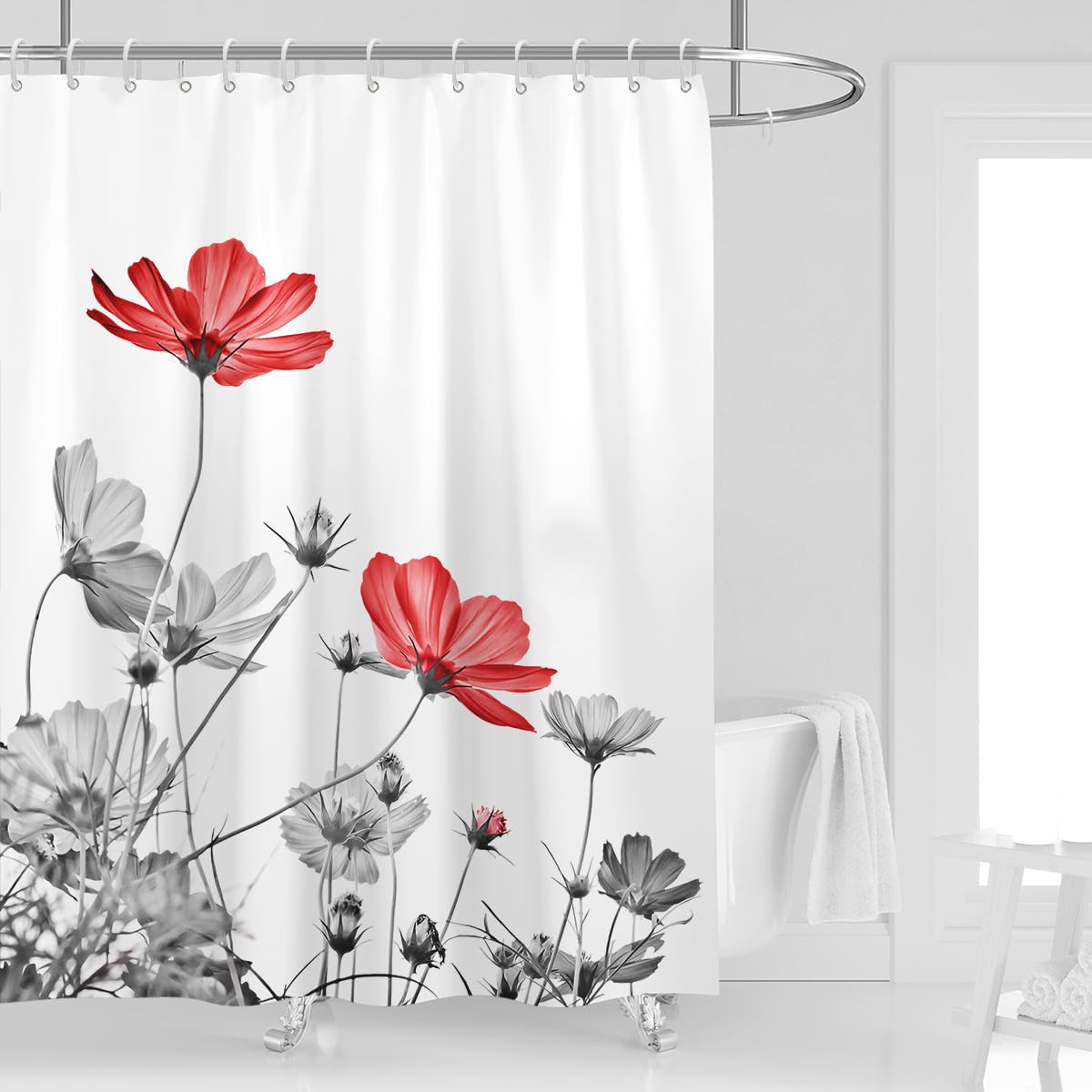 Kikiry Red Gray Flower Shower Curtain 72W x 72L White Grey Daisy Floral Ink Painting Botanical Simple Elegance Bathroom Curt
