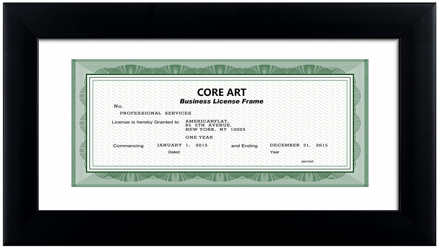CORE ART 5x10 Business License Frame in Black, Professional Bank Check Frame 3.5x8 with Mat, High Definition Plexiglass, Wall or