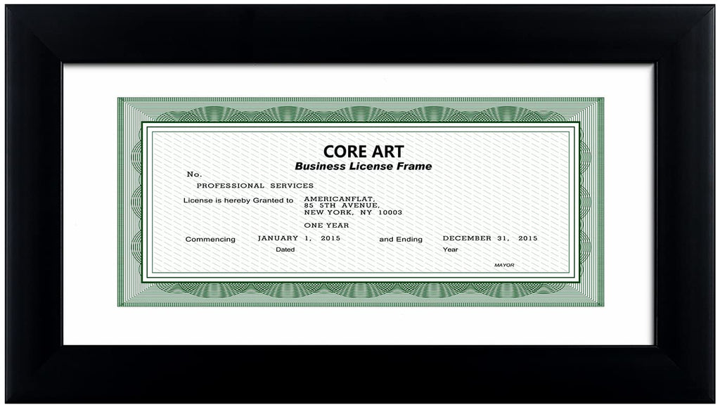 CORE ART 5x10 Business License Frame in Black, Professional Bank Check Frame 3.5x8 with Mat, High Definition Plexiglass, Wall or