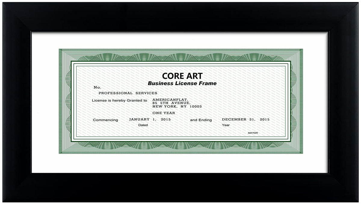 CORE ART 5x10 Business License Frame in Black, Professional Bank Check Frame 3.5x8 with Mat, High Definition Plexiglass, Wall or