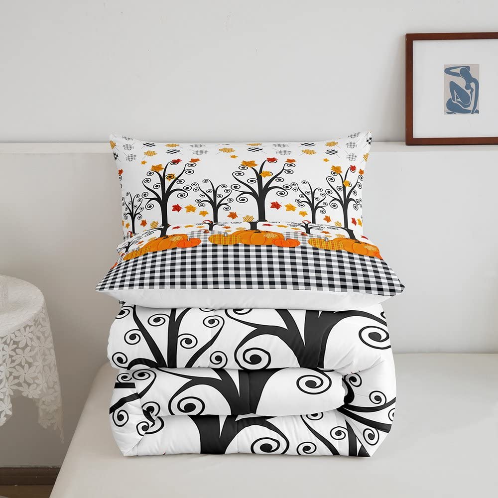 Fall Pumpkin Comforter Set Full Size,Kids Girls Home/Cottage Decor,Black White Plaid Halloween Bedding Set,Maple Trees Autumn Ha