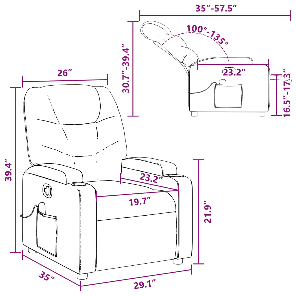 vidaXL Gray Leather Recliner Chair with 6-Point Vibration Massage, Adjustable Backrest & Footrest, Cup Holders, Side Pocket, Padded Seat, Perfect for Living Room or Home Theater Seating