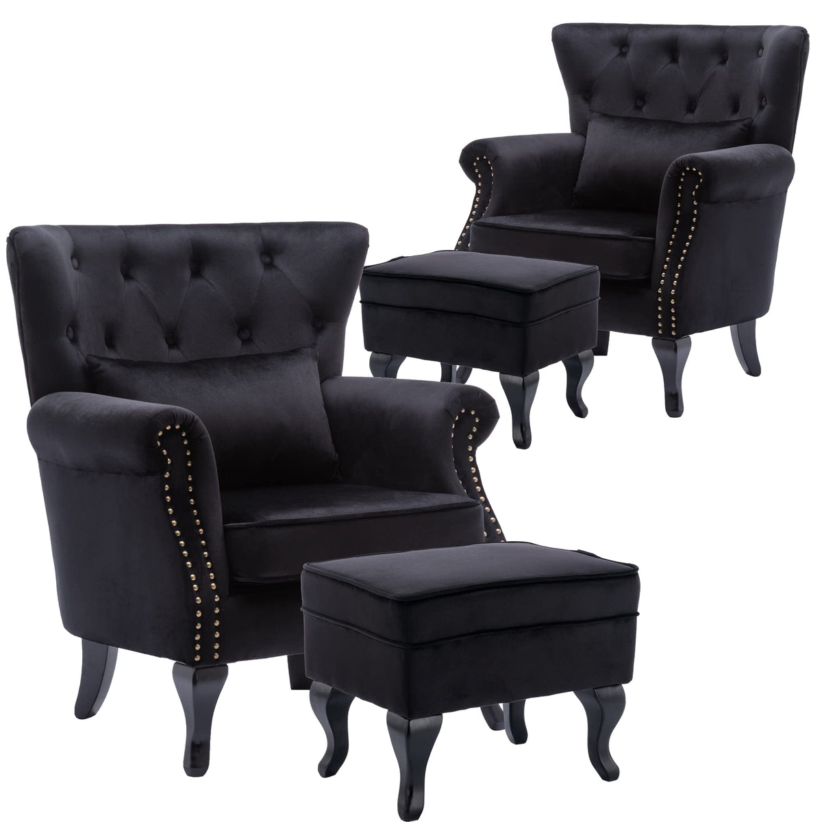 Chairus Mid-Century Modern Accent Chairs With Ottoman Set Of 2, Comfy Velvet Single Sofa Chair Button Tufted Wingback Armchairs