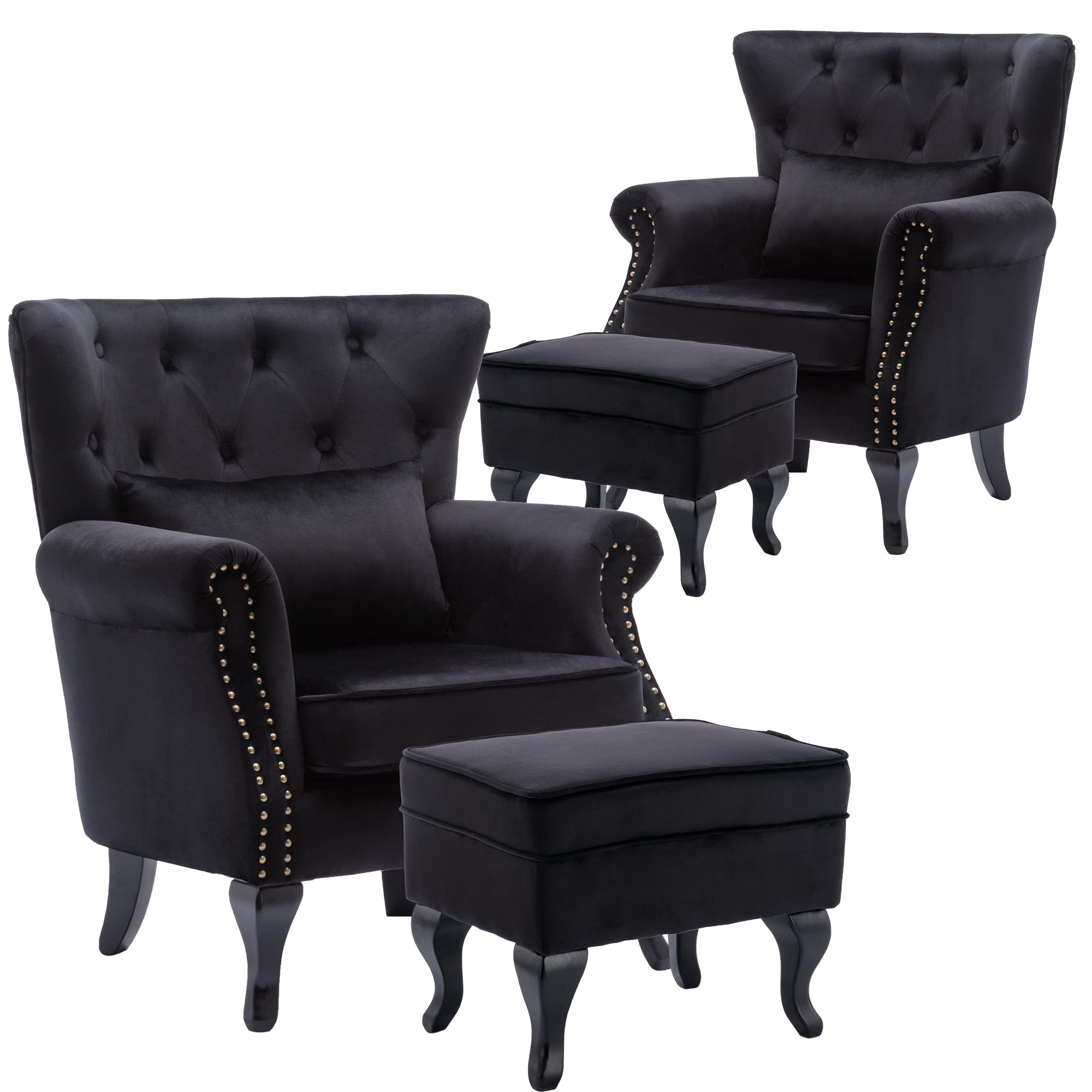 Chairus Mid-Century Modern Accent Chairs With Ottoman Set Of 2, Comfy Velvet Single Sofa Chair Button Tufted Wingback Armchairs