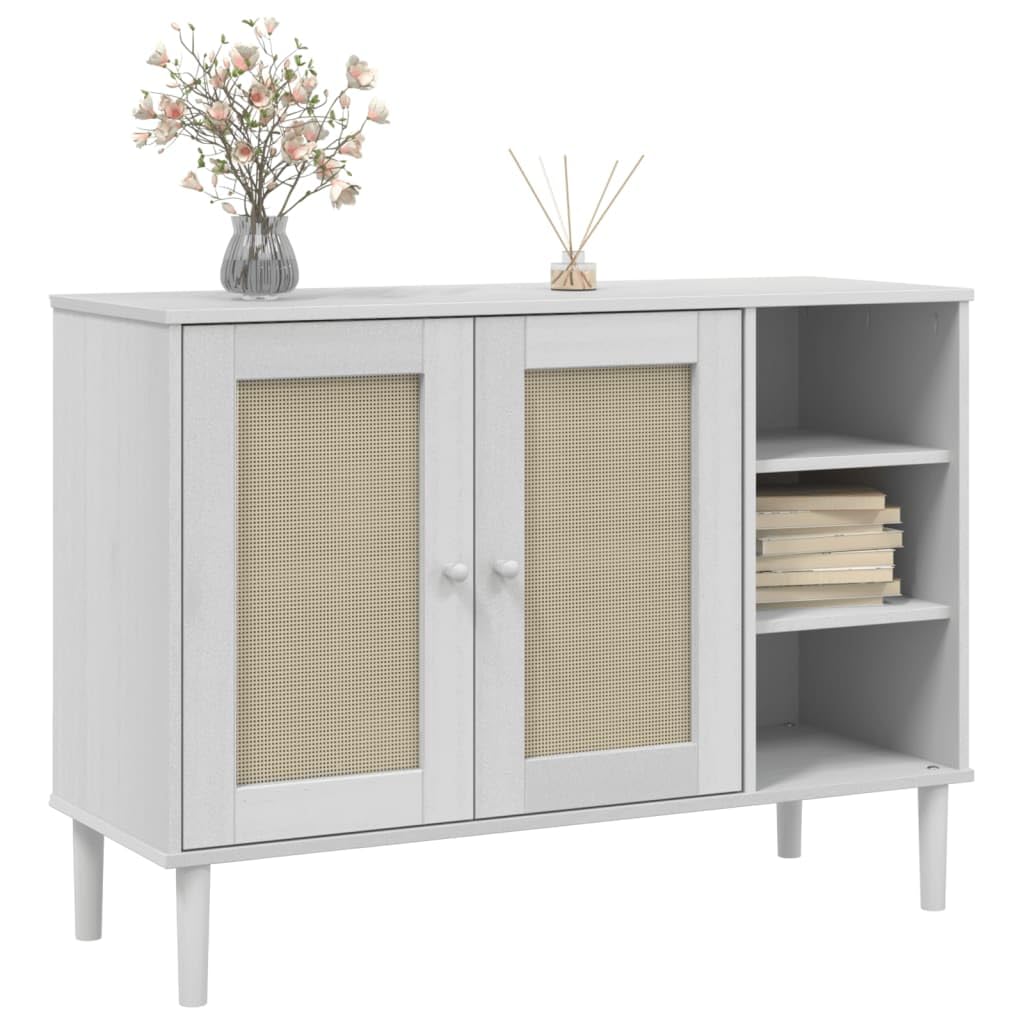 vidaXL Sideboard SENJA in White - Solid Pine Wood Construction with UV Varnish, Rattan Look Doors - Storage Cabinet with Compartments