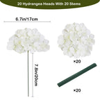 Cherica 20 Pcs White Hydrangea Artificial Flowers Bulk, Faux Hydrangea Flowers Heads, Artificial Fake Silk Hydrangea Flowers Wit