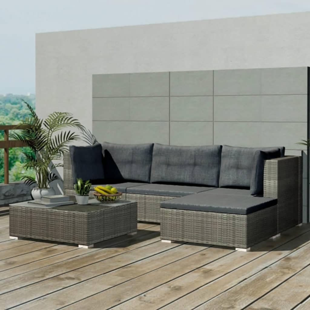 vidaXL 5-Piece Outdoor Patio Lounge Set - Modular, Weather-Resistant Poly Rattan - Includes Corner Sofas, Center Sofa, Footrest, Tea Table, and Cushions - Gray
