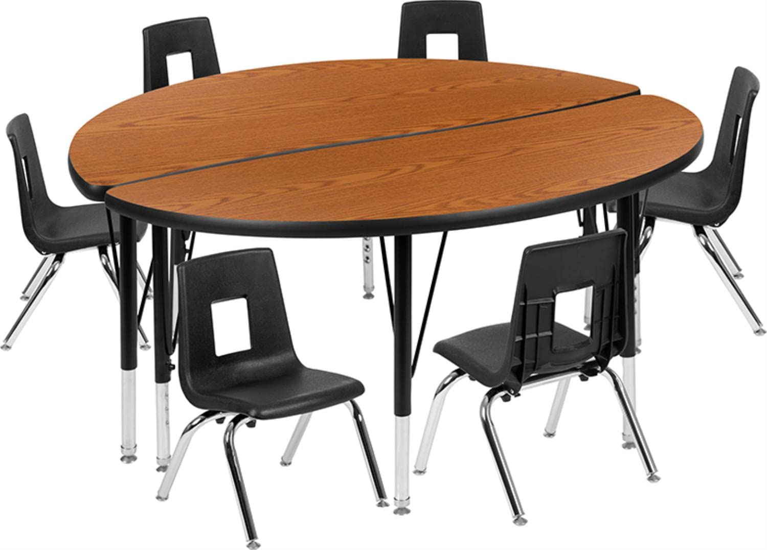 Flash Furniture 47.5" Circle Wave Collaborative Laminate Activity Table Set With 14" Student Stack Chairs, Oak/Black