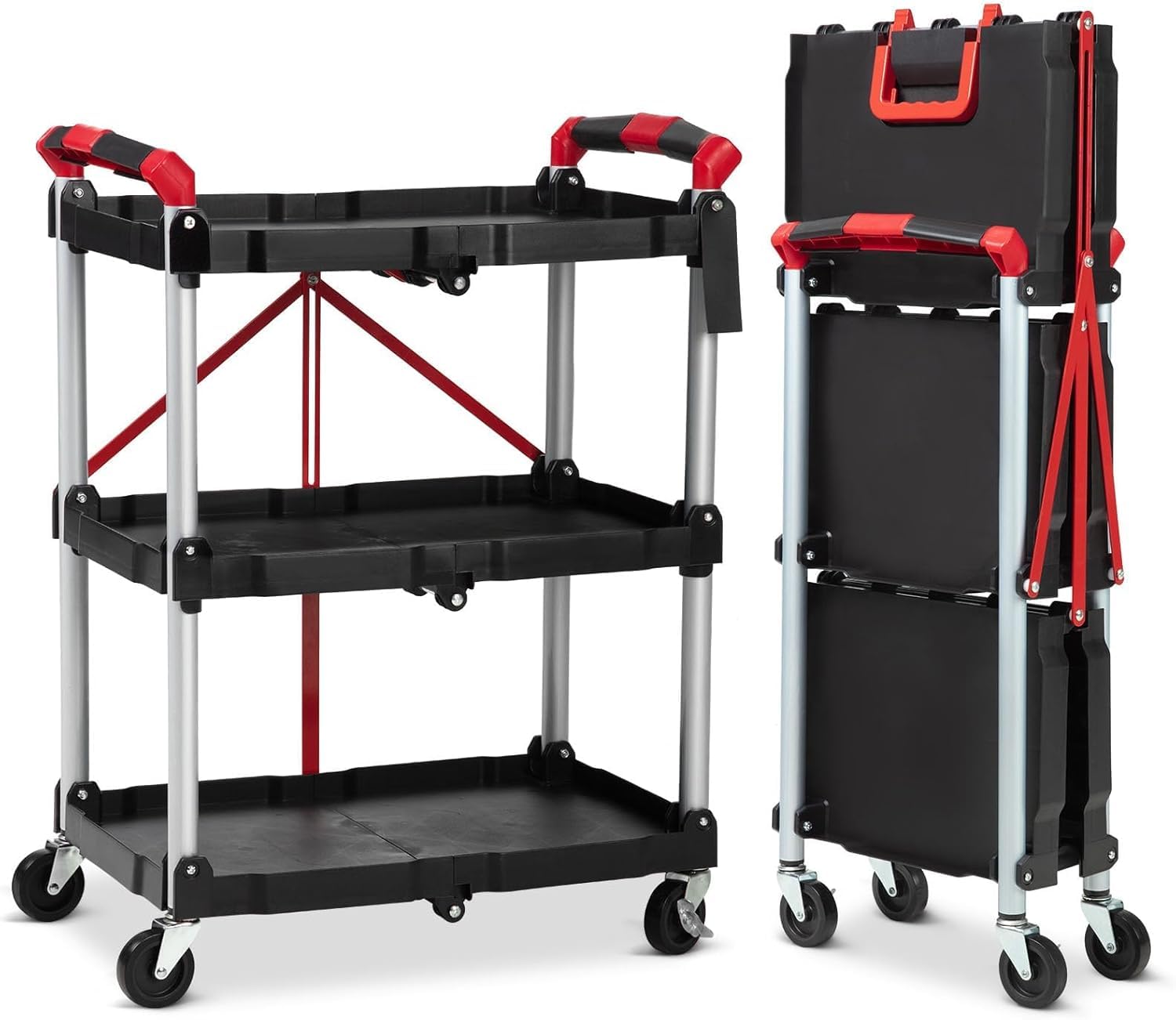 Collapsible Rolling Cart with Wheels, 3 Tier Rolling Utility Cart, No Installation Required, Wheels Lock to Maintain Stability, 