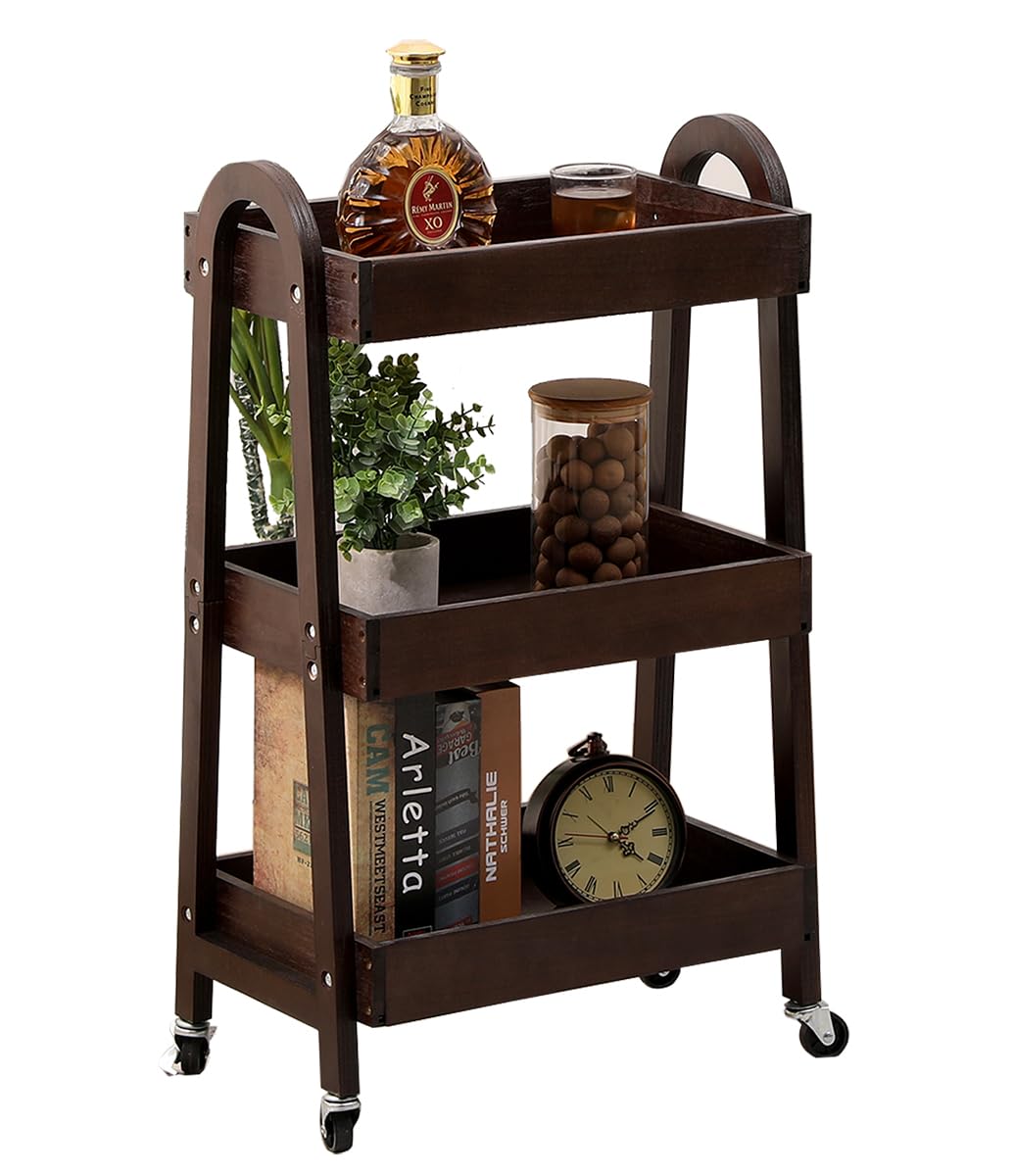 Kersiki 3-Tier Wooden Rolling Cart- Wooden Utility Cart Wit Wheels- Utility Rolling Cart-Storage Trolley Organizer- Rolling Kitc