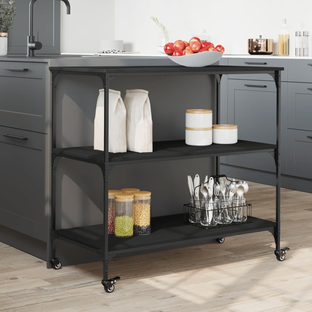 vidaXL Black Kitchen Trolley - Engineered Wood and Steel, Mobile Organizer Cart with Lockable Wheels, Versatile Use for Storage in Kitchen/Living Room/Bathroom, 40.2&quot;x19.7&quot;x37.4&quot;