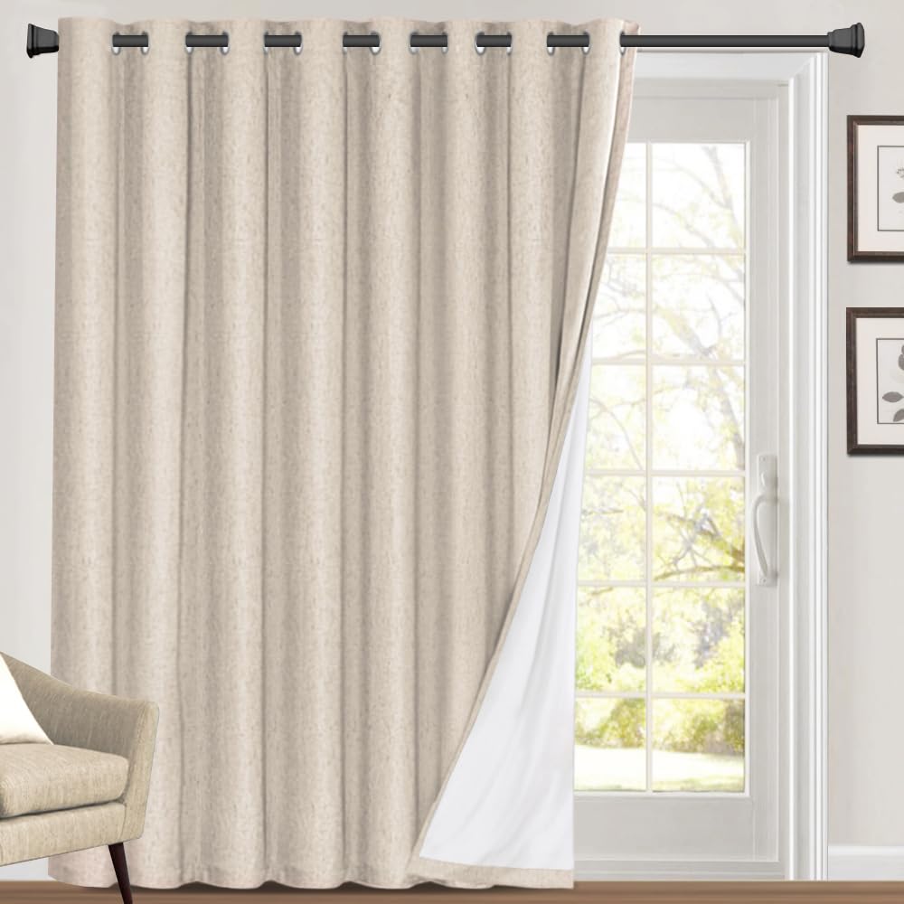 Princedeco Primitive Textured 100% Blackout Linen Look Patio Door Curtain 84 Inches Long Extra Wide Thermal Insulated Grommet Curtain Drapes For Living Room/Sliding Glass Door,W100 X L84 Inch, Natural