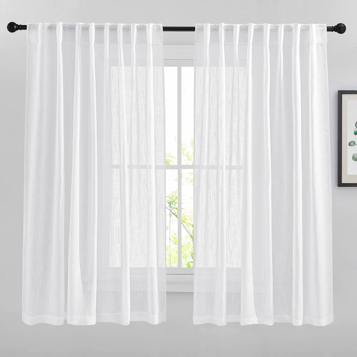 Nicetown White Sheer Linen Curtains Natural Style, Rod Pockets & Back Tab Privacy Semi Sheer Window Treatments Vertical Drapes S