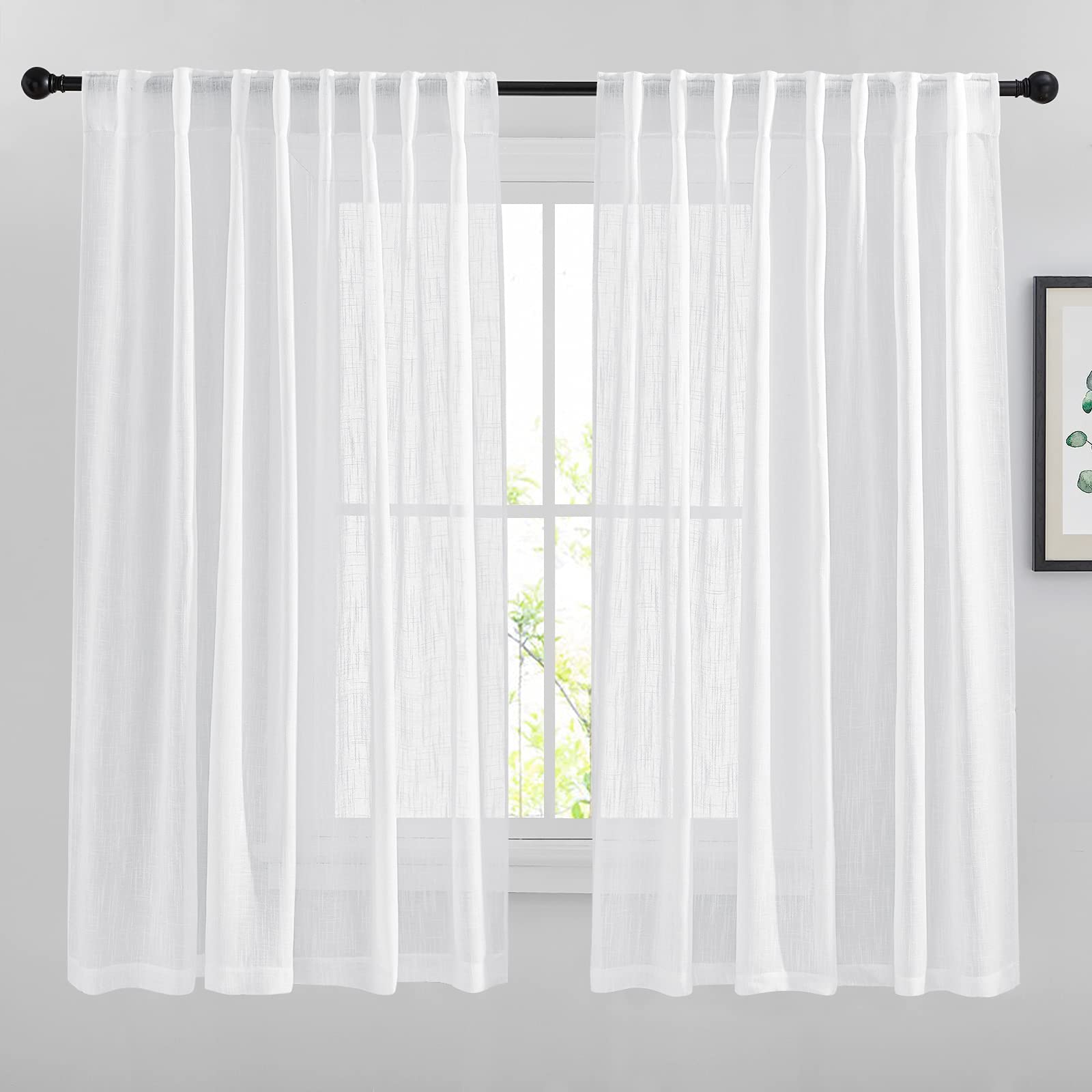 Nicetown White Sheer Linen Curtains Natural Style, Rod Pockets & Back Tab Privacy Semi Sheer Window Treatments Vertical Drapes S