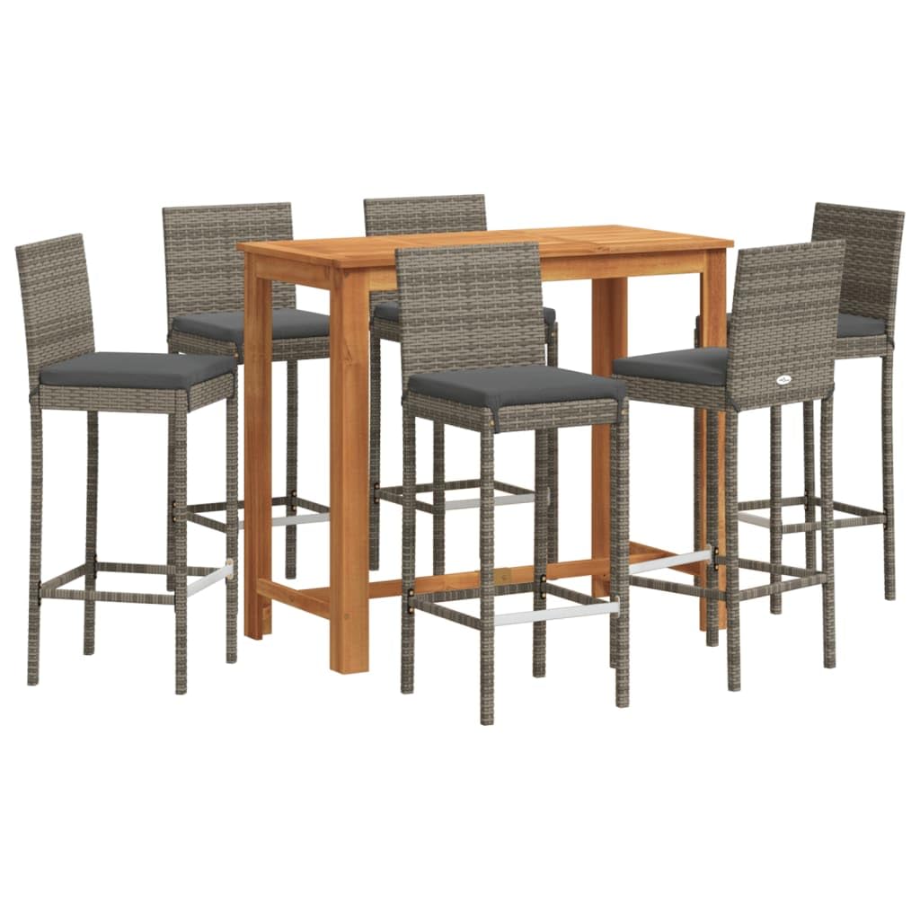 vidaXL 7-Piece Outdoor Patio Bar Set - Gray Acacia & Poly Rattan, Cushioned Stools