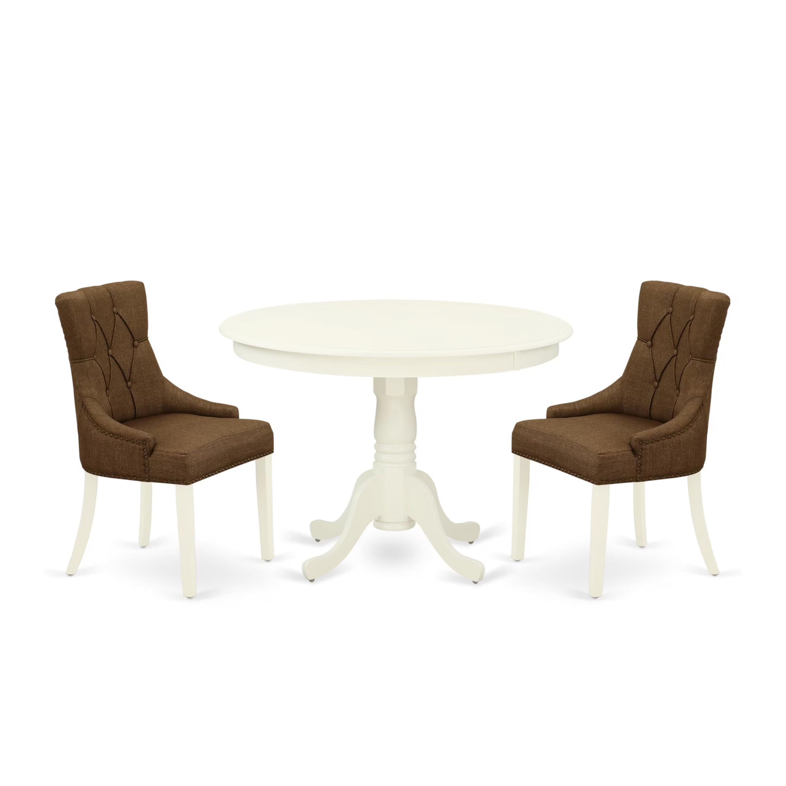 East West Furniture Hlfr3-Lwh-18 3 Piece Kitchen Table & Chairs Set Contains A Round Dining Room Table With Pedestal And 2 Brown Linen Linen Fabric Parson Chairs, 42X42 Inch, Linen White