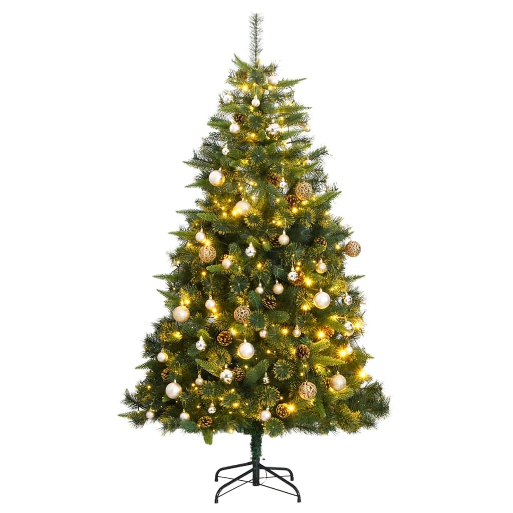 vidaXL Artificial Hinged Christmas Tree with 300 LEDs & Ball Set, Lifelike PE Tips, Multiple Light Modes, 70.9&quot; Tall, Robust Metal Stand – Seasonal Decor with Character