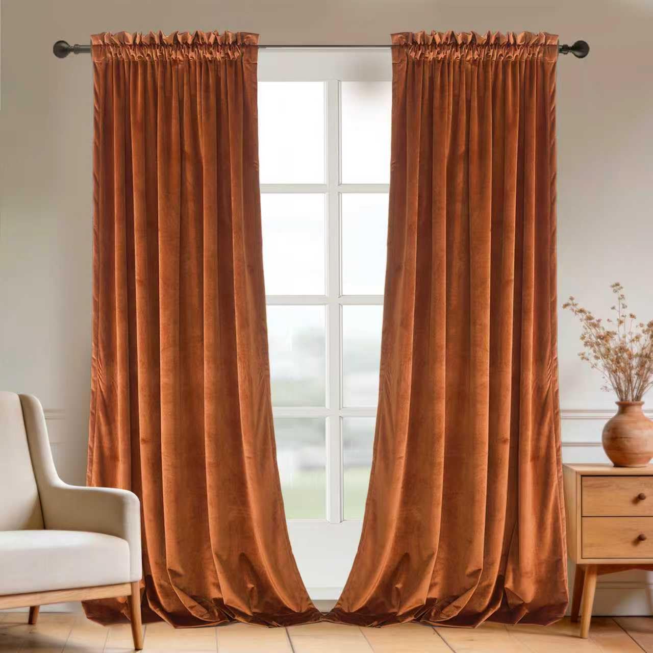 Roslynwood Velvet Orange Curtain 108 inches Long - Curtains Block Light Rod Pocket Thermal Insulated Window Drapes Set for Livin