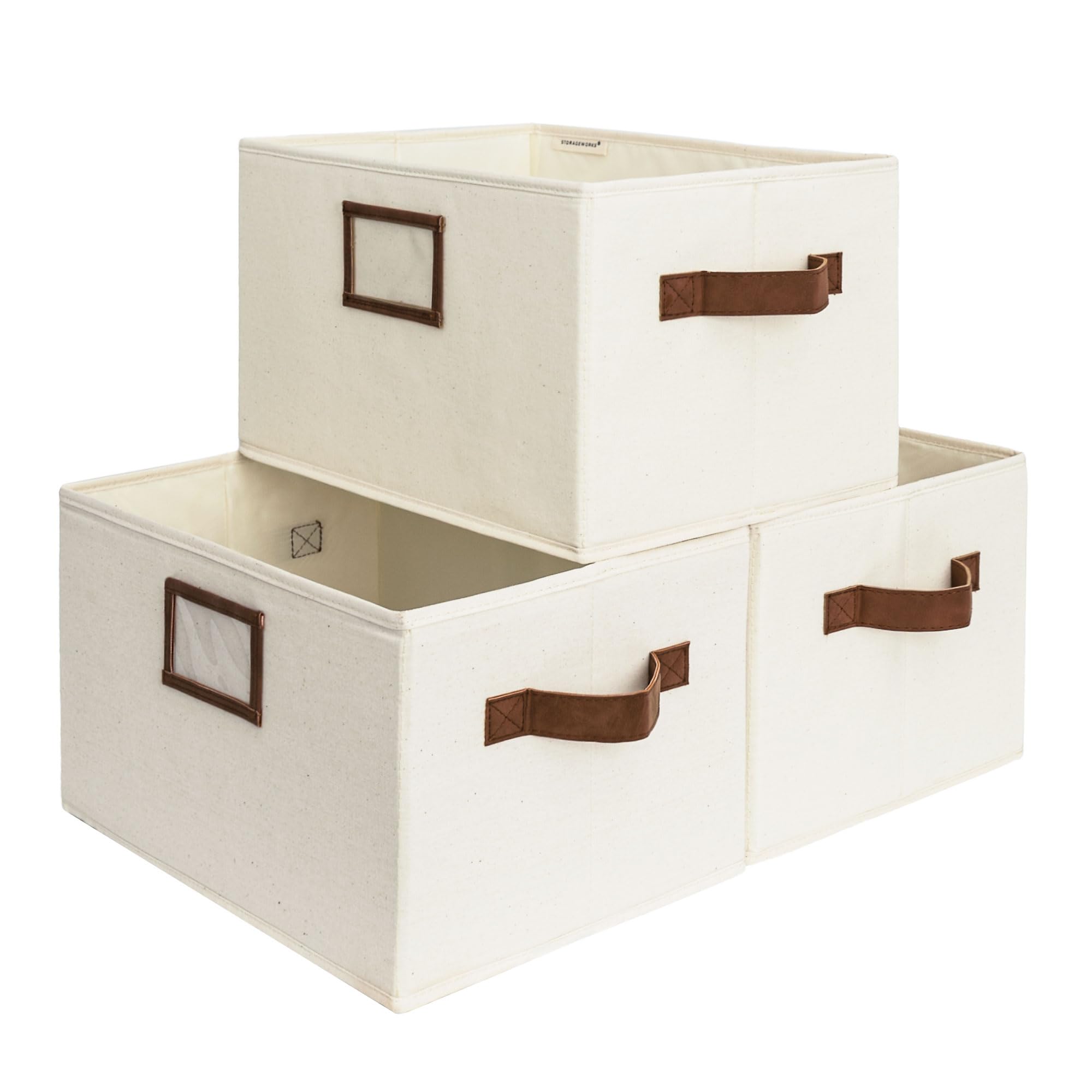 StorageWorks Decorative Storage Bins for Shelves, Closet Storage Baskets with PU Handles, Hand Wash, Canvas, Ivory White, 3-Pack