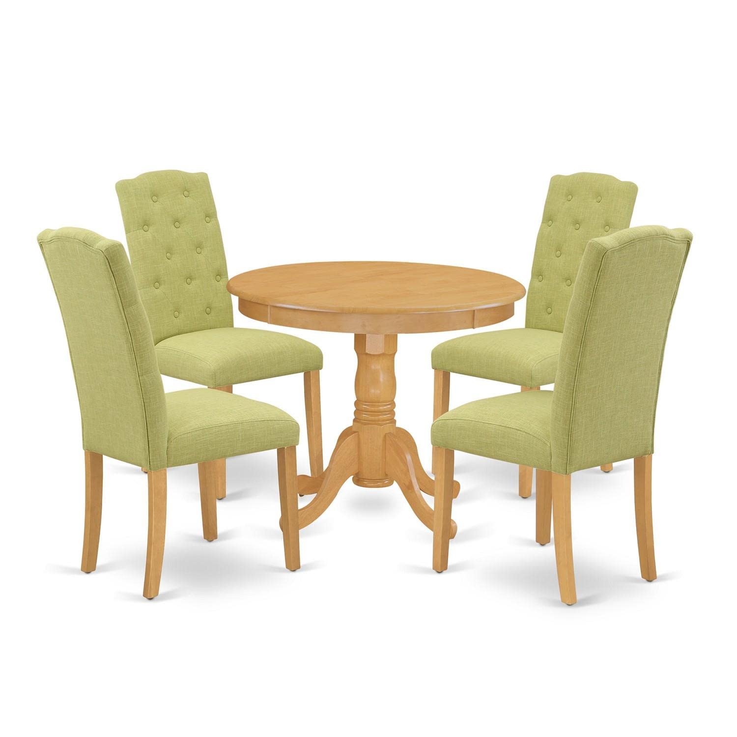East West Furniture Ance5-Oak-07 5 Piece Dining Set Includes A Round Kitchen Table With Pedestal And 4 Limelight Linen Fabric Upholstered Parson Chairs, 36X36 Inch, Oak