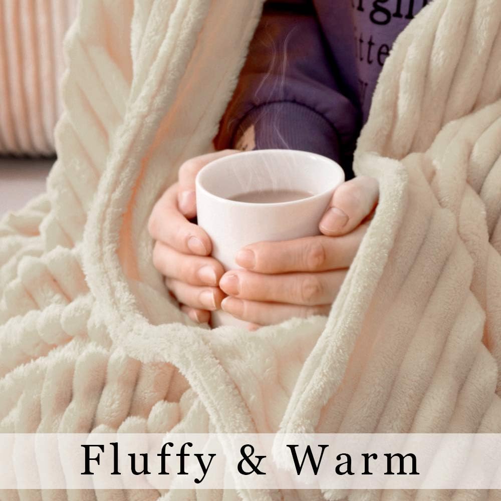 Miulee Beige Throw Blanket 3D Ribbed Jacquard Fleece Flannel Velvet Plush Decorative Bed Blanket (Throw, 50' X 70') - Super Soft, Lightweight, Warm And Cozy For Couch Sofa