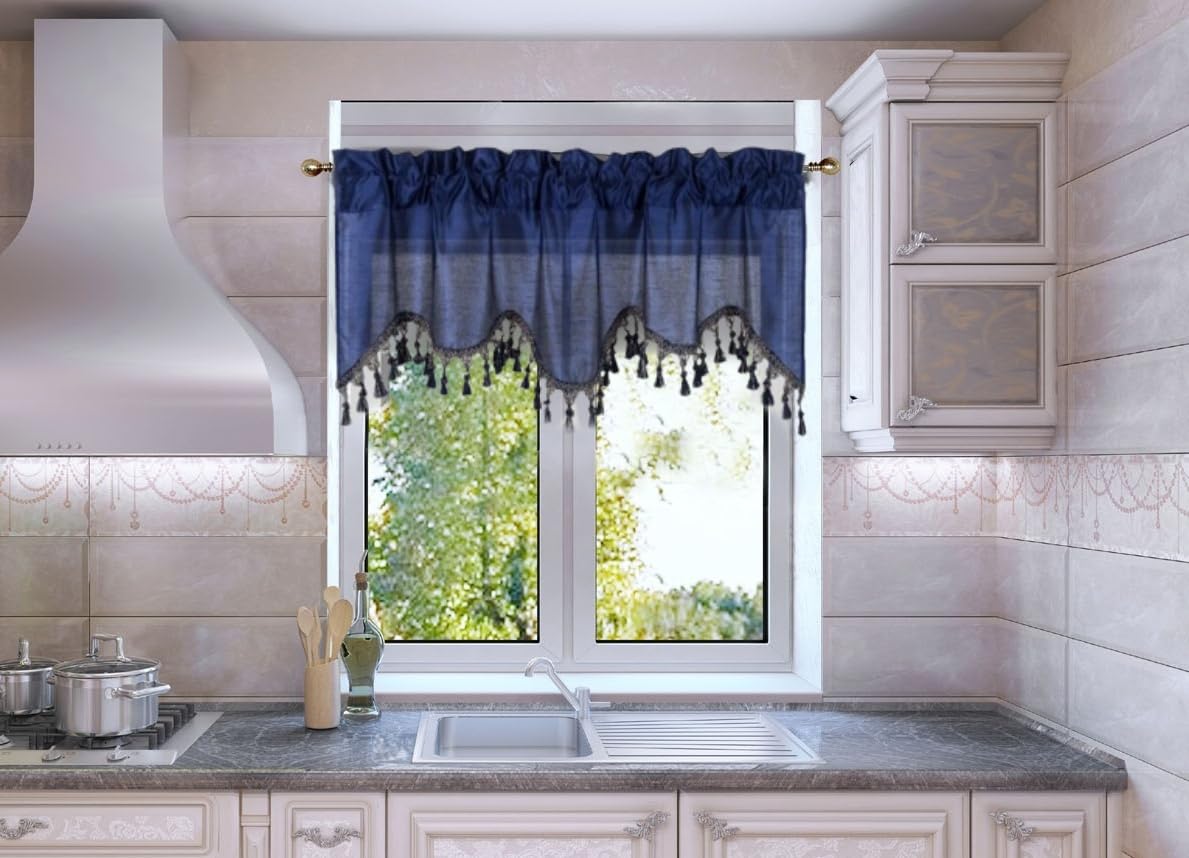 Solid Faux Silk Swag Waterfall Cascade Ascot Window Curtain Valance W/Tassels Trim 55' X18' Wave (1, Navy Blue)