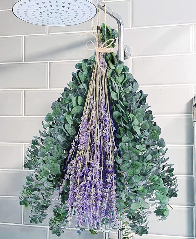 115 Pcs Eucalyptus Stems & Lavenders Flowers Bundles For Shower, 17' Upgrade Hanging Shower Plant, Natural Real Eucalyptus Leav