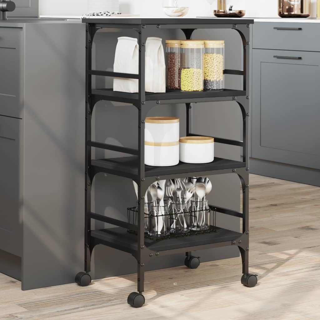 vidaXL Kitchen Trolley in Black - Engineered Wood Storage Cart, Mobile Organizer with Wheels, Ample Shelving for Kitchens/Bathrooms/Studies