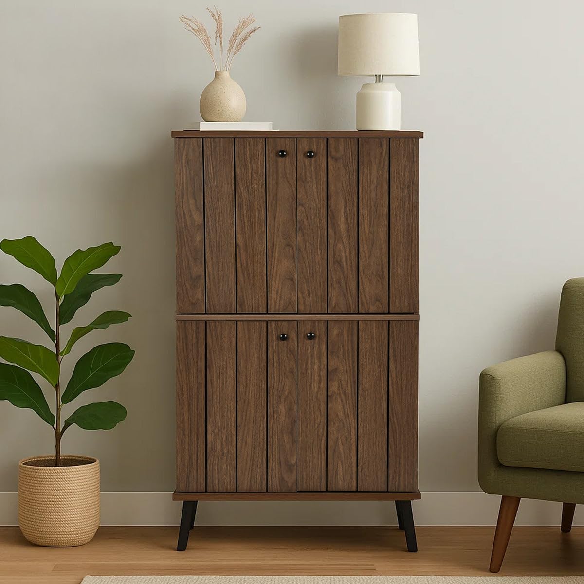 Nilkamal Wildon 4 Door Shoe Rack | Freestanding Wooden Shoe Rack | Closed Storage Organizer For Entryway, Hallway| Walnut